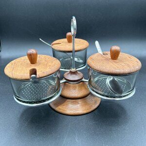 Vintage Denmark Teak Wood & Tinted Glass Mid Century Danish Condiment Set